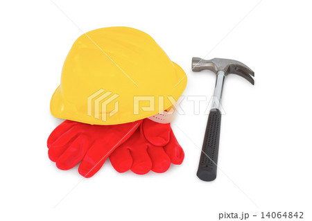 Yellow hardhat with protective gloves and hammer Yellow hardhat with protective gloves and hammer 14064842