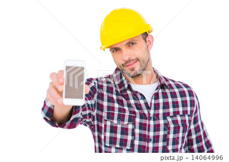 Handyman showing smart phone Handyman showing smart phone 14064996