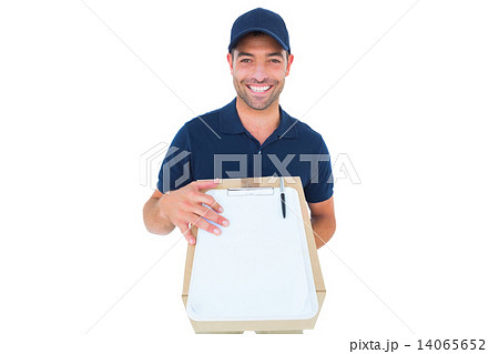 Happy delivery man with package and clipboard Happy delivery man with package and clipboard 14065652