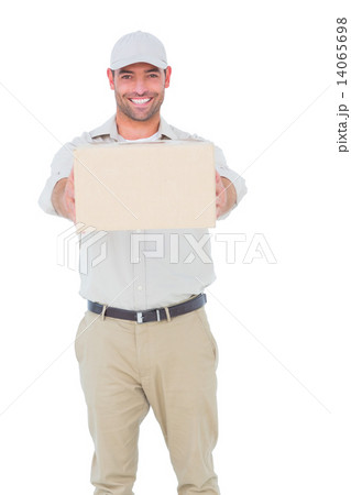 Portrait of happy delivery man giving package Portrait of happy delivery man giving package 14065698