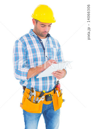 Manual worker writing on clipboard Manual worker writing on clipboard 14066306