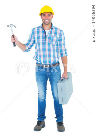 Full length portrait of repairman with hammer and toolbox Full length portrait of repairman with hammer and toolbox 14066394