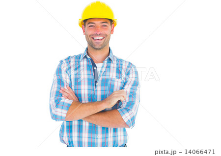 Smiling handyman standing arms crossed Smiling handyman standing arms crossed 14066471