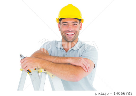 Happy repairman with pliers on ladder Happy repairman with pliers on ladder 14066735