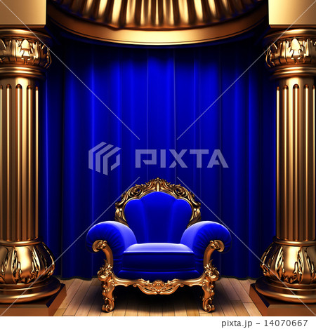 blue velvet curtains, gold columns and chair 14070667