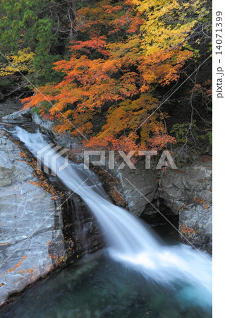 みたらい渓谷の滝と紅葉の写真素材