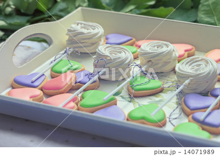 heart-shaped cookies and marshmallow on the tray heart-shaped cookies and marshmallow on the tray 14071989