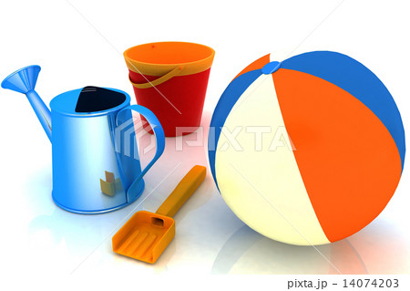 3d render illustration of a beach ball, pail, shovel and watering can 14074203
