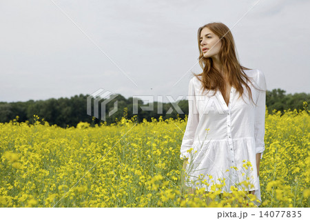 brunette woman in a yellow flowers field 14077835