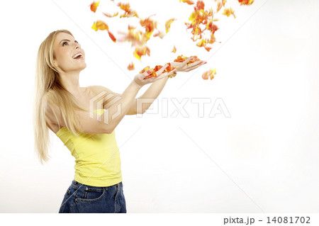 Beautiful blonde girl with the bouquet of tulips isolated on a w 14081702