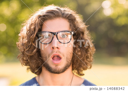 Handsome hipster looking surprised in park 14088342