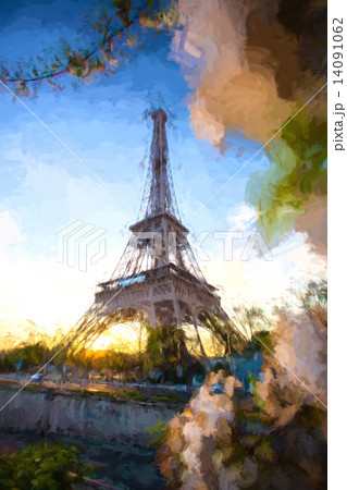 Eiffel Tower in Artwork style during spring time in Paris, France 14091062