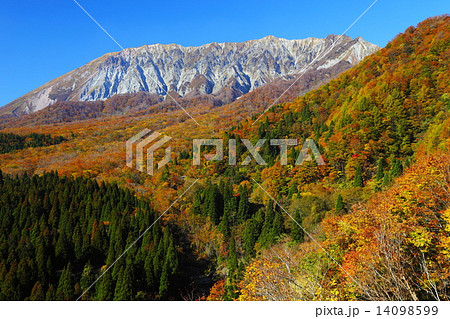 鍵掛峠からの紅葉の大山の写真素材