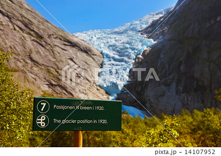 Sign - Melting Briksdal glacier - Norway 14107952