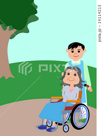 介護系イラスト 車椅子と散歩 利用者と介護士 のイラスト素材