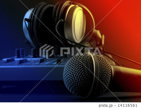 Microphone with mixer and headphones - music studio set Microphone with mixer and headphones - music studio set 14116561