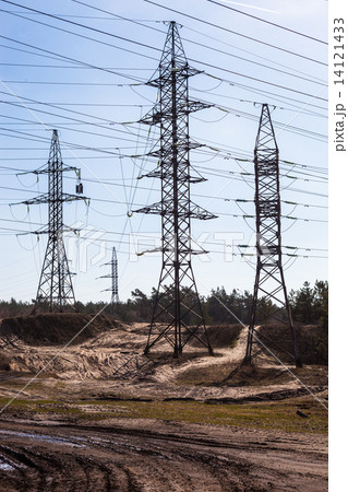System of electricity pylons and power lines out-of-town 14121433