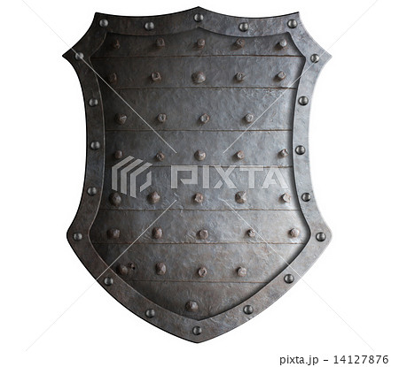 Old forged medieval shield with rough spikes isolated Old forged medieval shield with rough spikes isolated 14127876