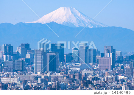 東京・住宅街と高層ビル群と富士山を一望 14140499