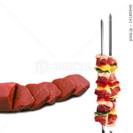 shish kebab on skewers and raw meat shish kebab on skewers and raw meat 14180946
