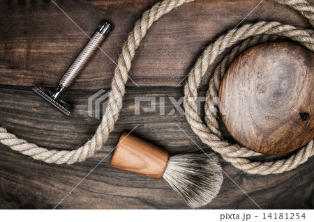 Shaving accessories on a luxury wooden background 14181254