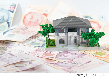 Miniature house with Singapore paper currency and coins 14183058