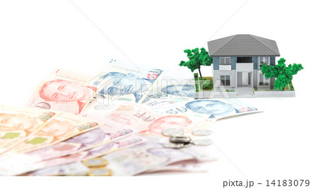Miniature house with Singapore paper currency and coins Miniature house with Singapore paper currency and coins 14183079