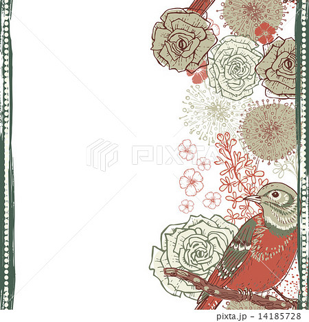 Hand drawn  floral vertical seamless border with bird 14185728