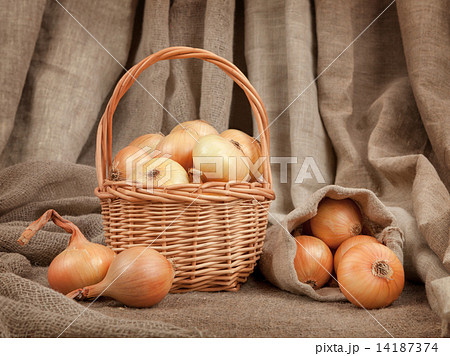 The beautiful and ripe onions in a basket on the table The beautiful and ripe onions in a basket on the table 14187374