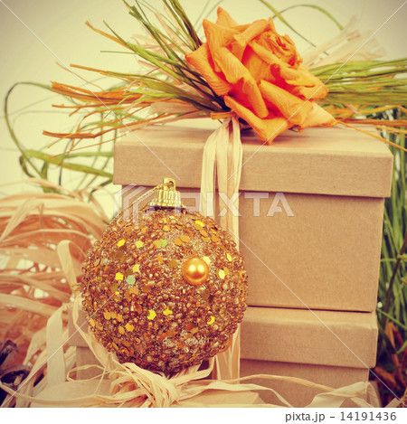 gifts decorated with natual ornaments and christmas ball, with r 14191436