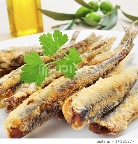 spanish boquerones fritos, battered and fried anchovies typical 14191577
