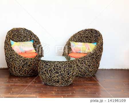 Round Wicker Chairs with Glass Table and Colorful pillows 14196109