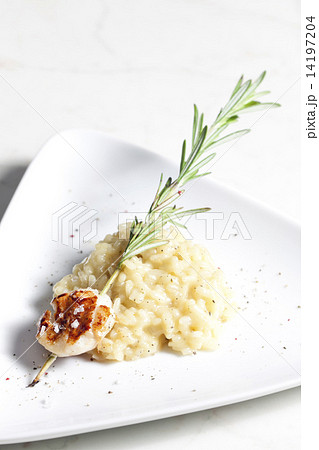 grilled Saint Jacques mollusc on rosemary needle with risotto 14197204
