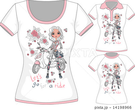 Vector T-shirt with fashion girl and scooter 14198966