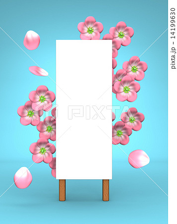 Pink Cherry Blossoms And Blank Billboard On Blue Background 14199630