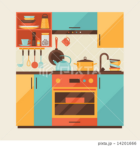 Card With Kitchen Interior And Cooking Utensils Stock Illustration