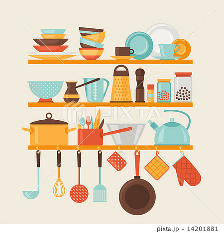 Card With Kitchen Shelves And Cooking Utensils のイラスト素材 1411
