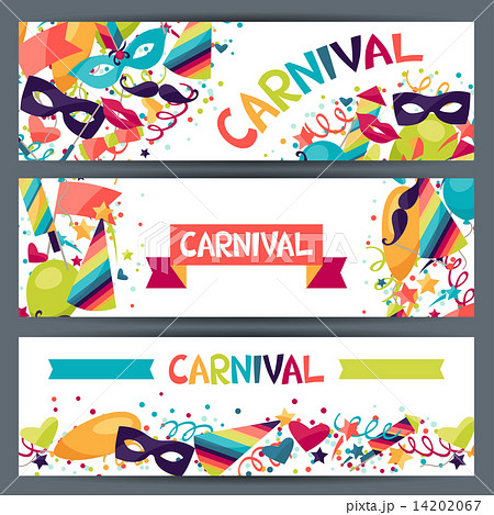 Celebration horizontal banners with carnival icons and objects. 14202067
