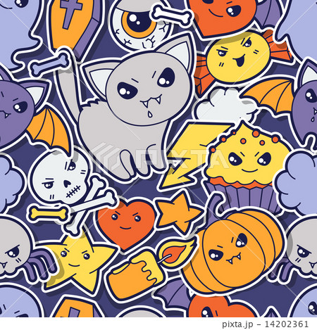 Seamless halloween kawaii pattern with sticker cute doodles. 14202361