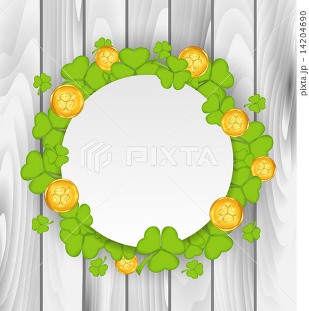 Celebration card with clovers and golden coins for St. Patrick's 14204690