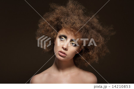 Stylization. Young Brunette with Curly Brown Hairs 14210853