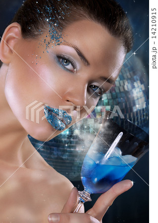 Woman with Blue Makeup and Wineglass 14210915