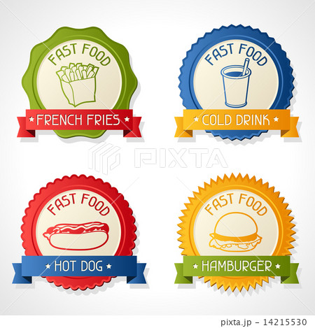 Set of badges with burger, hot dog, french-fry and drink. 14215530