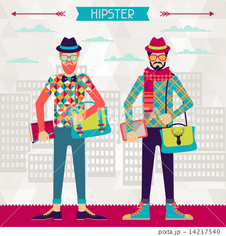 Two hipsters on urban background in retro style. 14217540