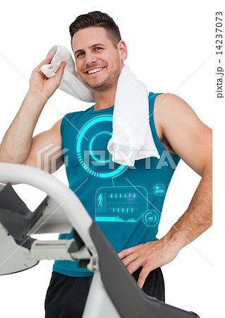 Composite image of young man running on a treadmill 14237073