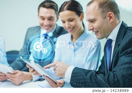 business team with tablet pc having discussion business team with tablet pc having discussion 14238989