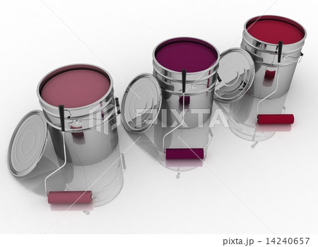 Open buckets with color paint and rollers Open buckets with color paint and rollers 14240657
