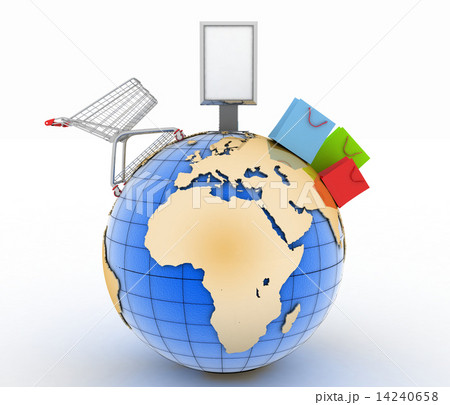 Shopping cart, shopping bags  and  billboard on a globe.  World trade concept Shopping cart, shopping bags  and  billboard on a globe.  World trade concept 14240658