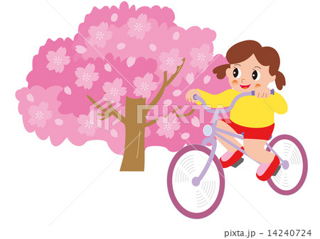 桜と自転車に乗る女の子のイラスト素材