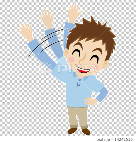 A young man with two heads waving a hand with a smile A young man with two heads waving a hand with a smile 14241530
